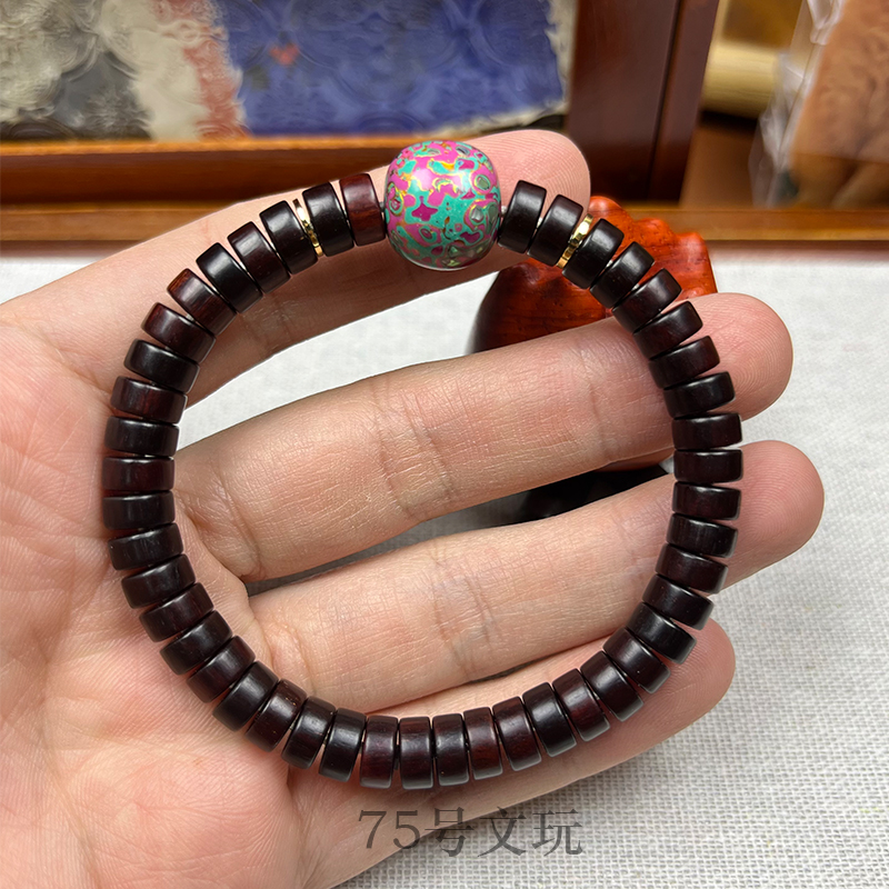 印度小叶紫檀药片手串搭配老型大漆珠高油性4*8男女同款盘碗手作