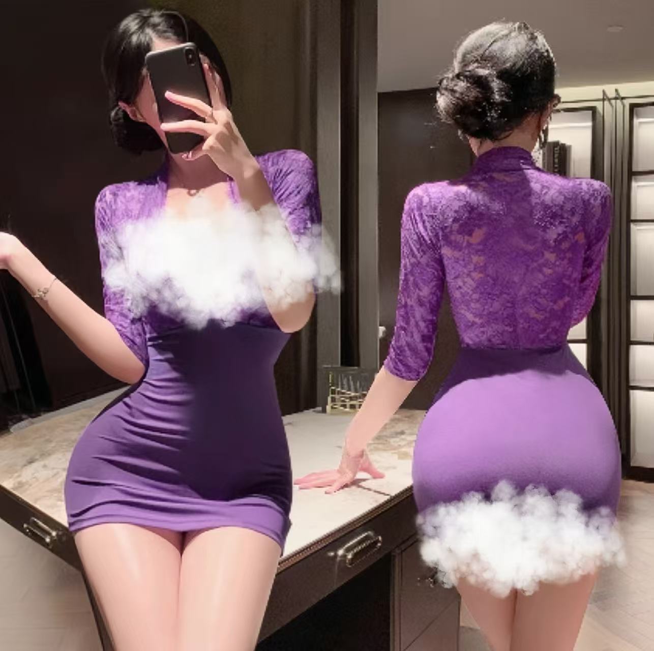 大码蕾丝裙OL紫色纯欲风性感显瘦连衣裙紧身睡衣女蕾丝后妈黑丝