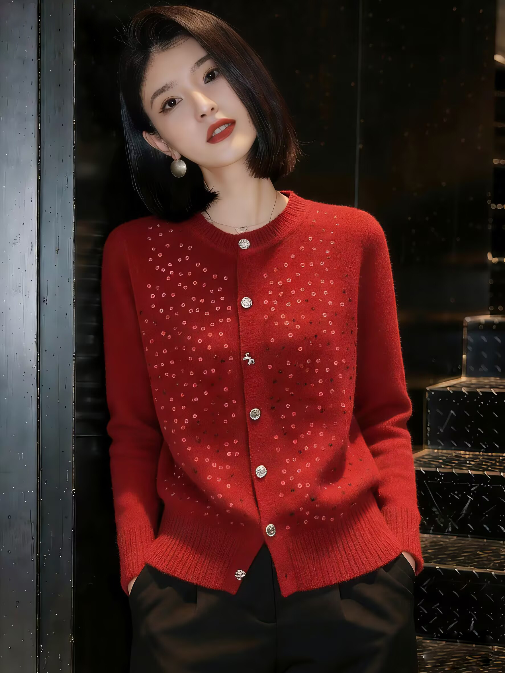 高级感亮片圆领毛衣针织开衫女2025年新款秋冬季时尚洋气外套上衣