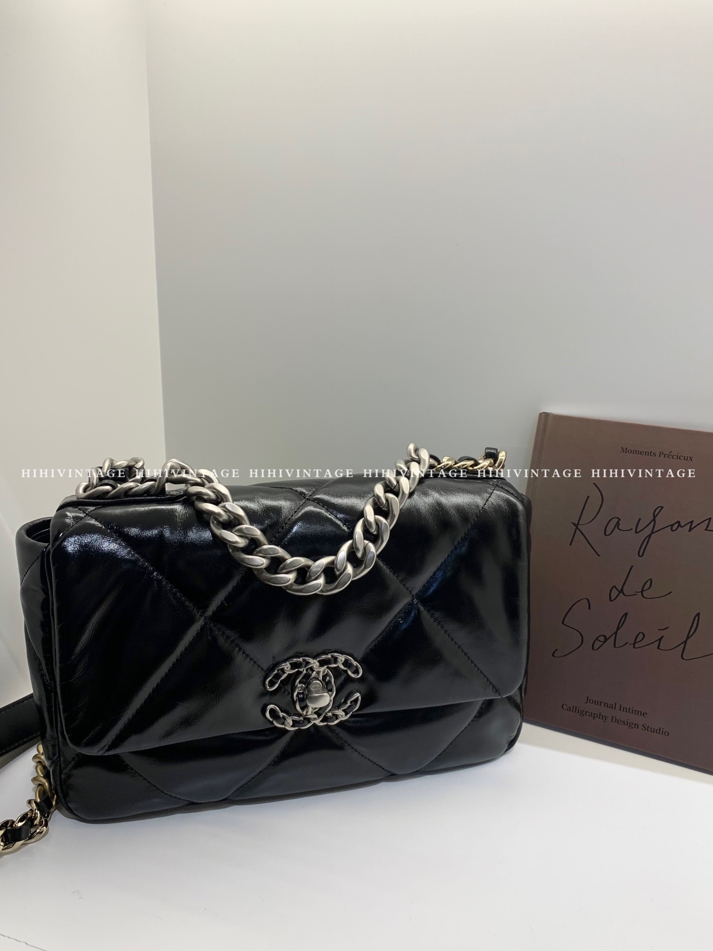 99新 Chanel/香奈儿 HIHI黑银油蜡皮19Bag小号芯片款JL