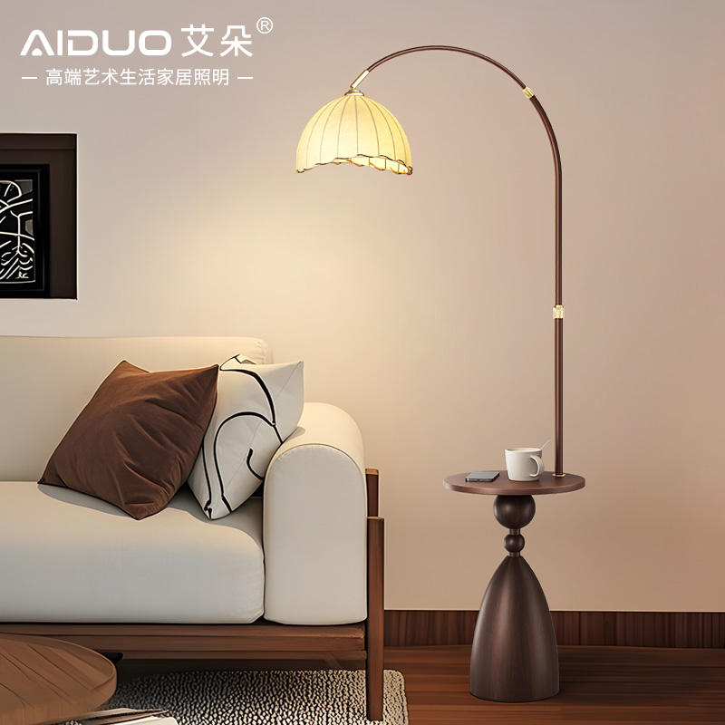 奶油风落地灯床头柜落地灯一体法式复古高级感卧室床头立式落地灯