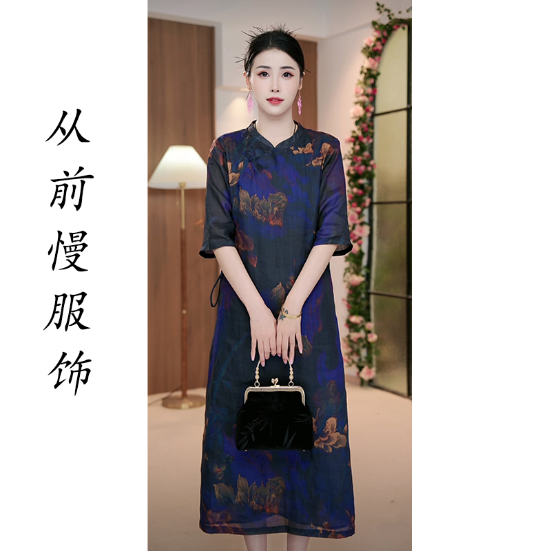 2025早秋新款七分袖连衣裙改良宽松苎麻裙子【睡莲】