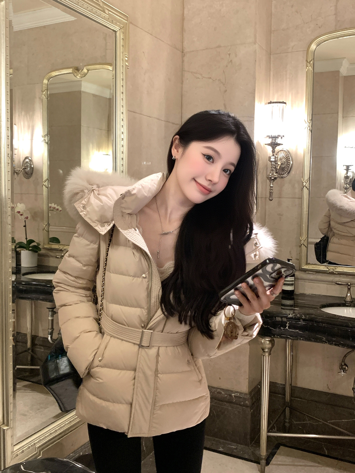 奶咖色大毛领羽绒服女2025冬季收腰系带连帽棉衣袄加厚白鸭绒外套