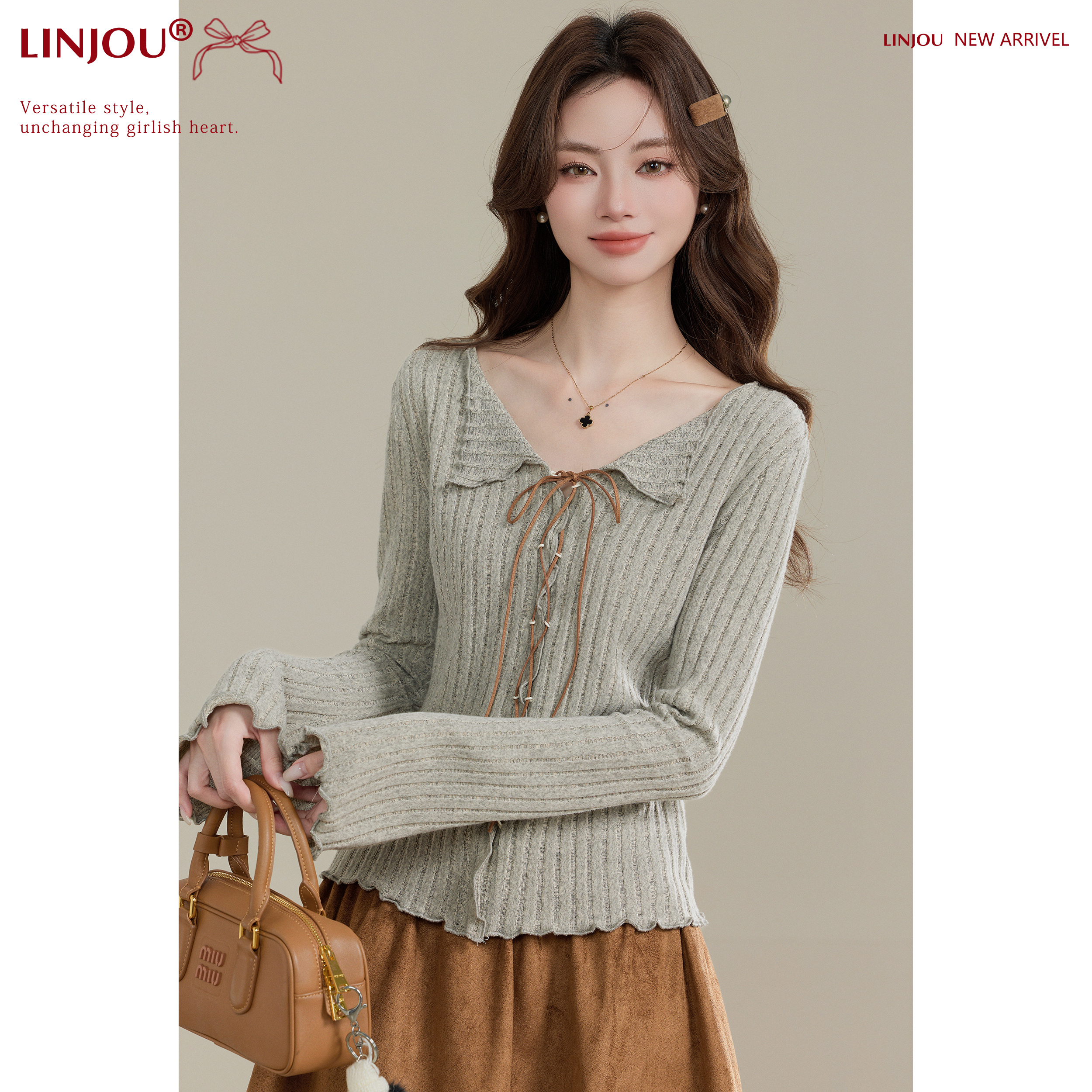 玲玖《暖阳裹软》复古绑带v领长袖针织衫女2025秋设计感修身上衣