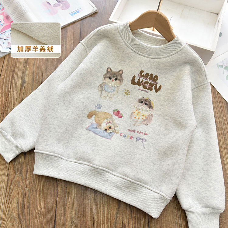 女童一体绒保暖加厚立体贴布绣卫衣 中大儿童宽松套头圆领上衣冬