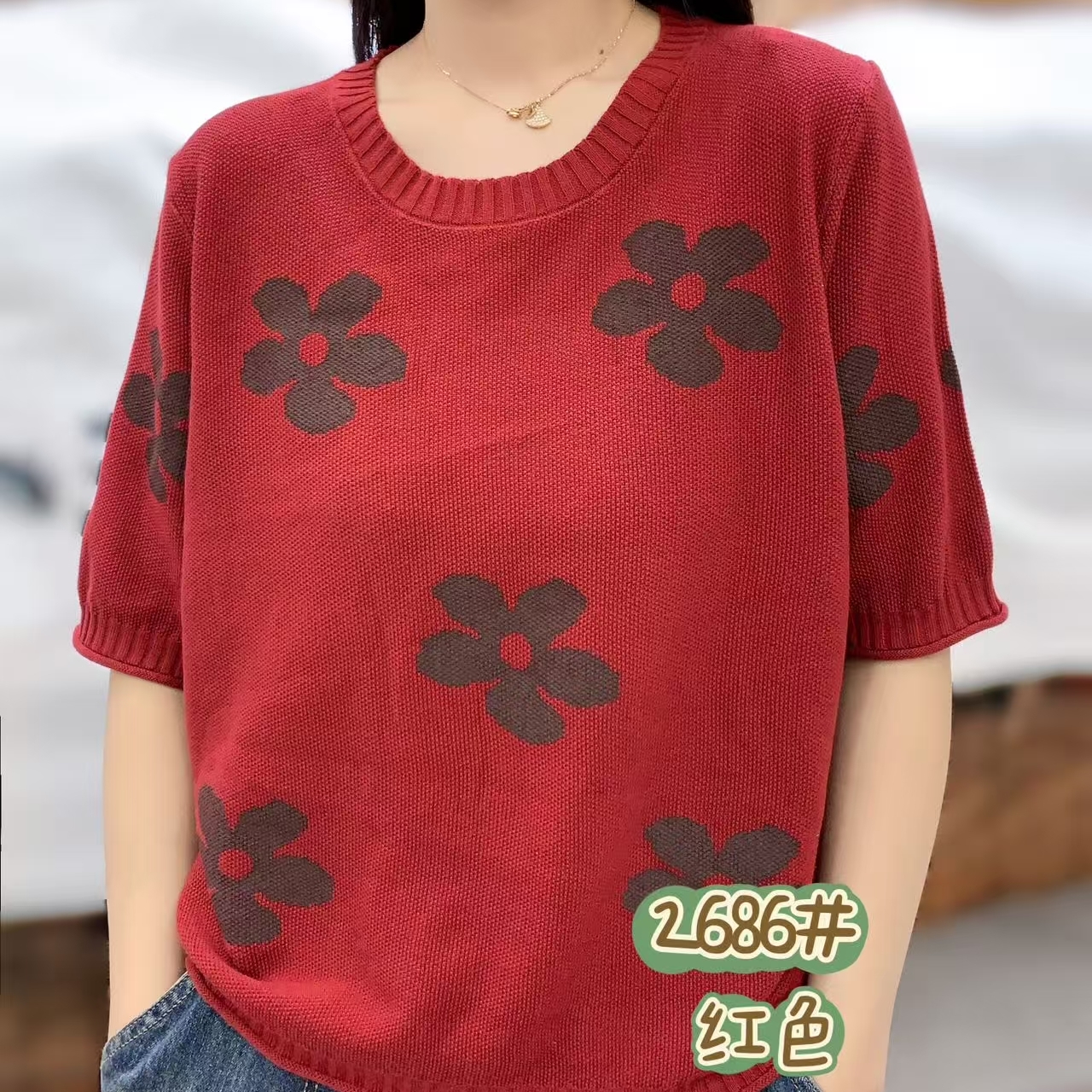 XY2686新款宽松休闲百搭花朵针织衫