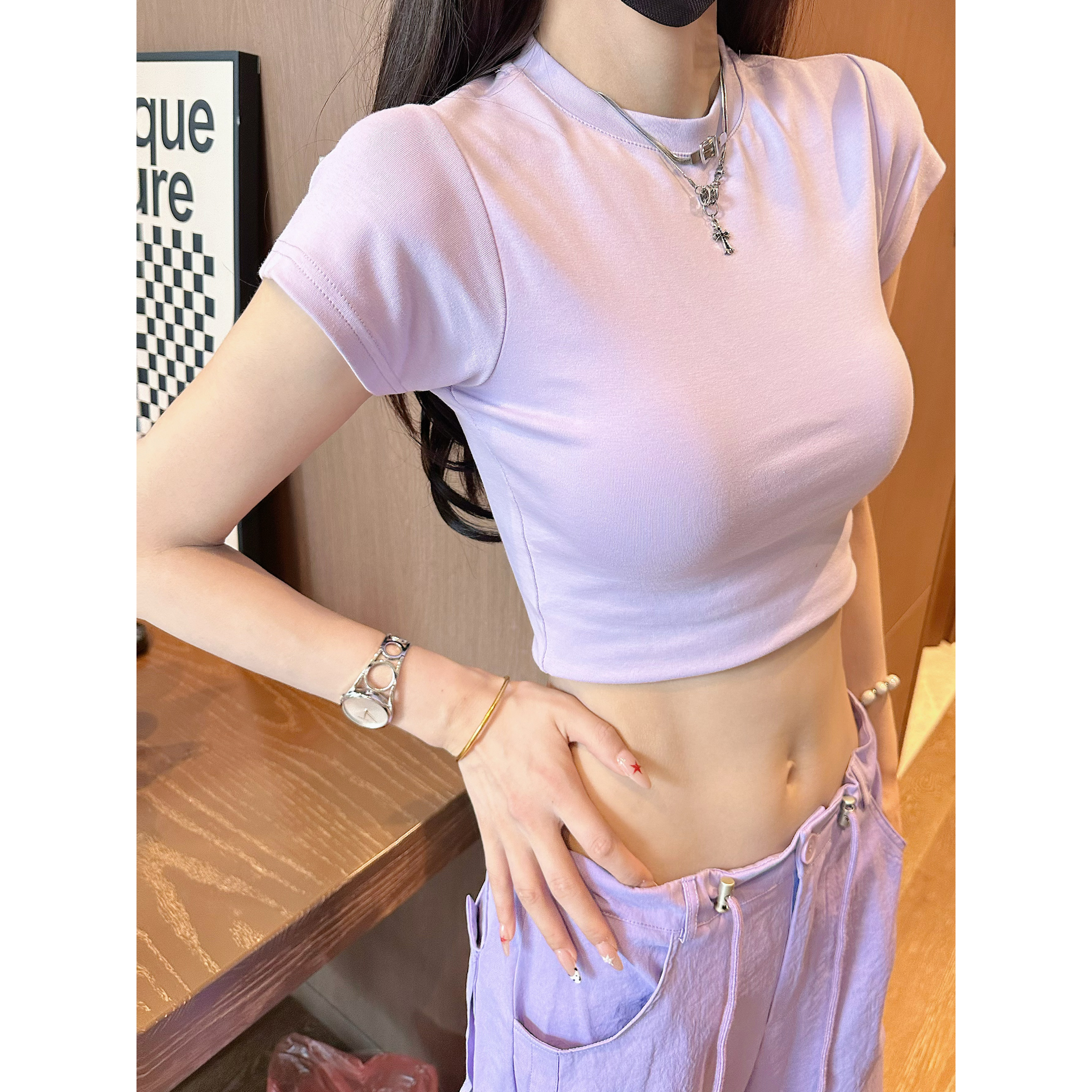 美式半高领正肩黑色短袖t恤女2025年夏季清纯系掐腰显瘦上衣