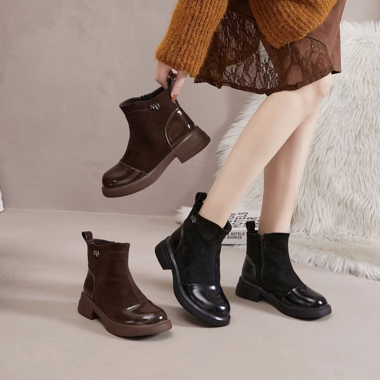 【慢慢女鞋】2026年新款保暖加绒时尚秋冬马丁靴中筒马丁靴9987