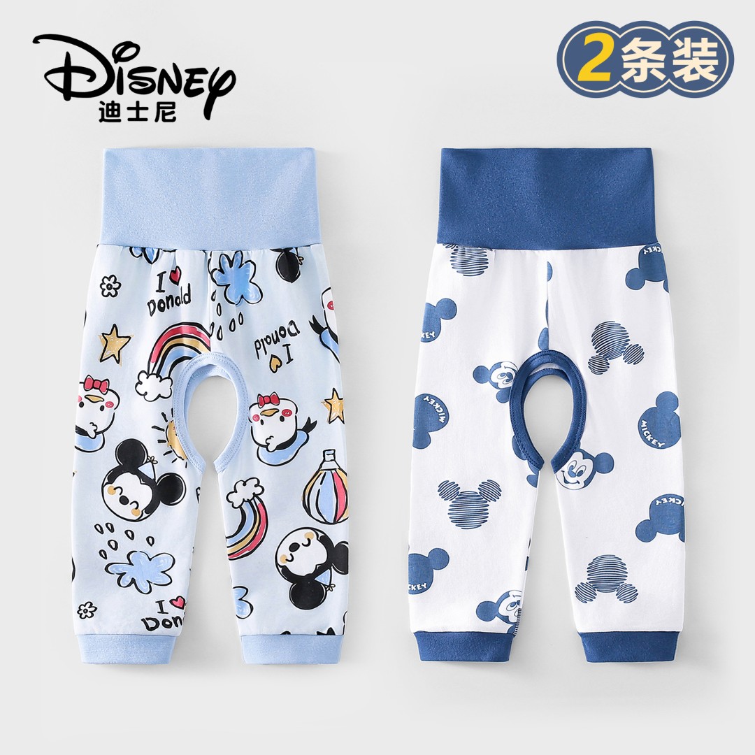 Disney/迪士尼新生儿纯棉高腰开裆裤儿童外穿长裤卡通超萌2件装