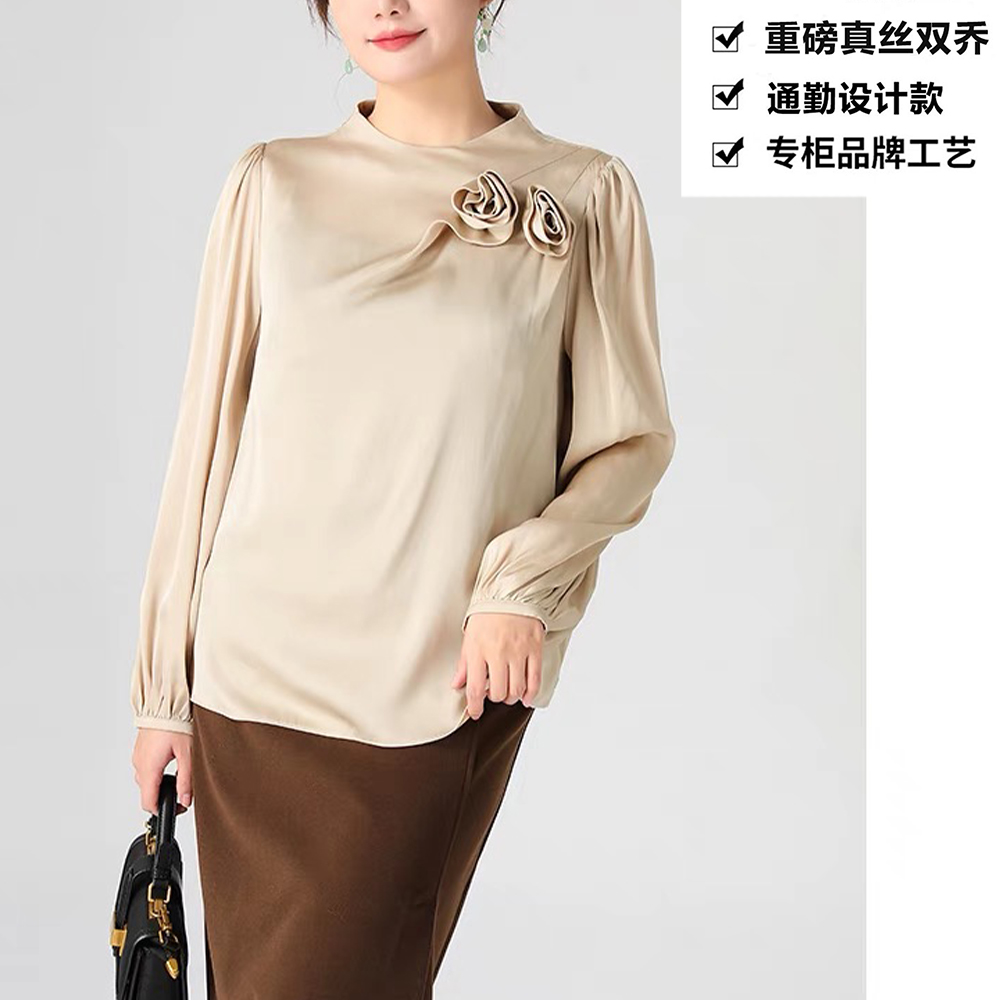 重磅真丝双乔花朵优雅气质法式宽松垂感桑蚕丝上衣ZKA22香槟色