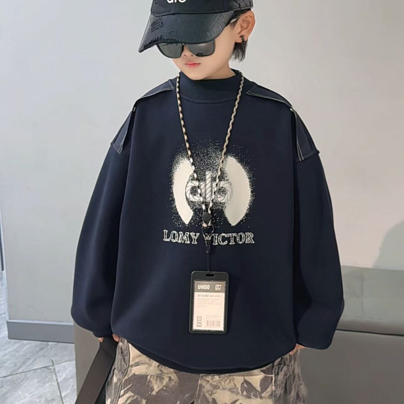 加绒儿童韩版套头男童时尚帅气休闲卫衣假两件字母洋气印花中大童