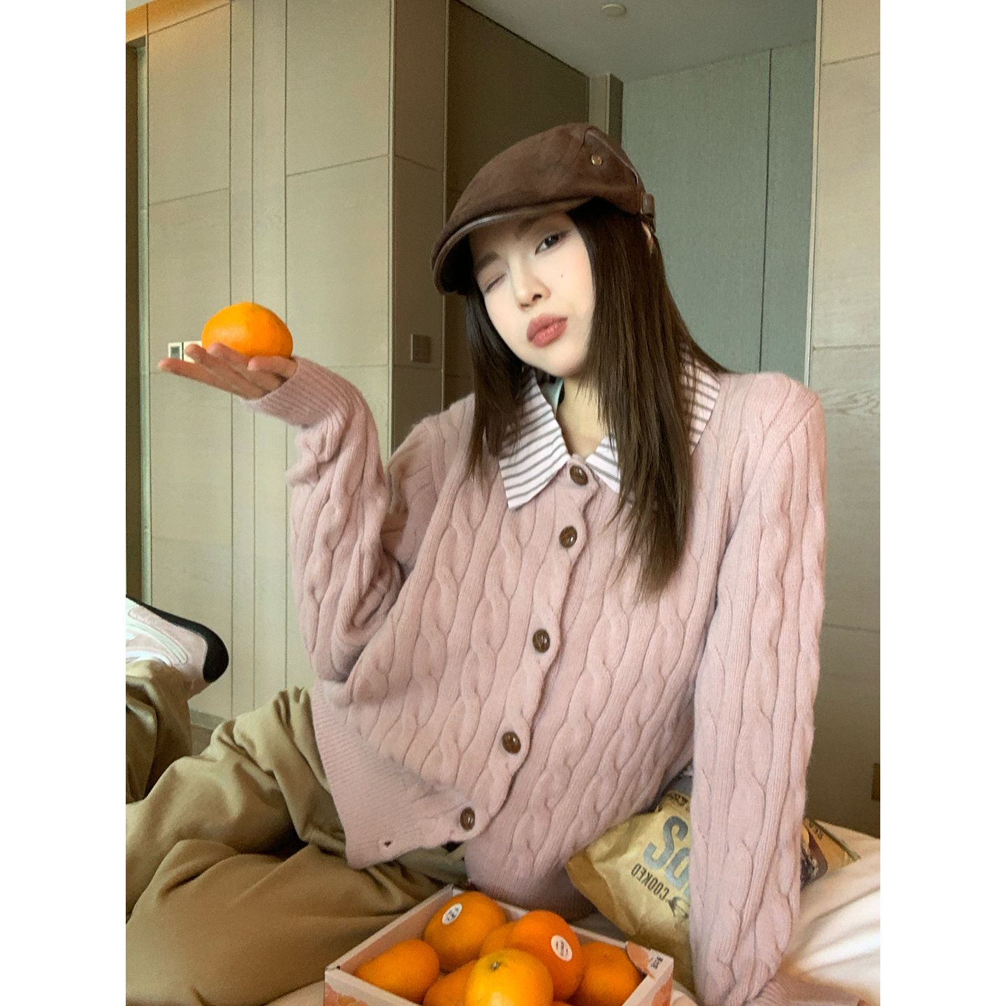 【现货】粉色假两件polo领针织开衫女2025秋冬外穿独特漂亮毛衣外套