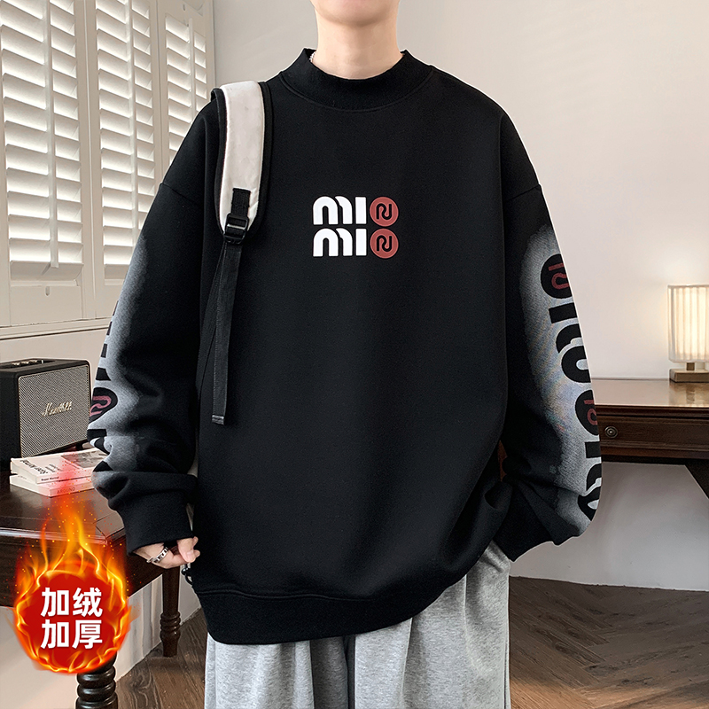 秋冬新款男半高领加绒加厚百搭宽松青少年休闲复古保暖长袖卫衣潮