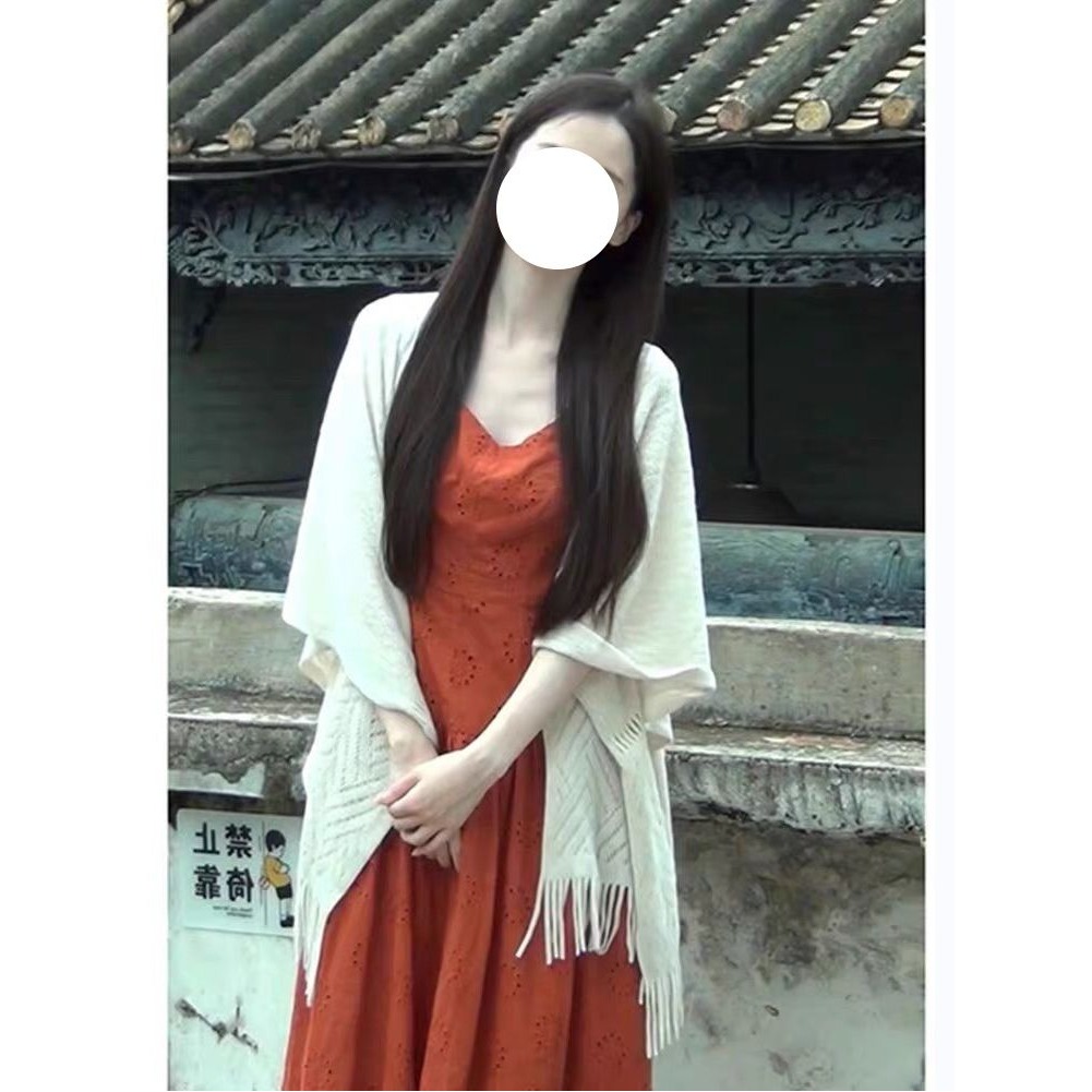 民族度假风白色镂空针织披肩开衫女夏薄款新中式旗袍外搭斗篷外套
