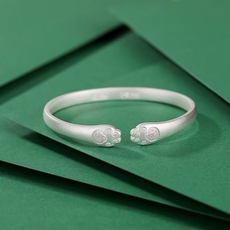 足银手镯 79号链接 招财猫爪手镯磨砂古法实心银镯子送女友七夕