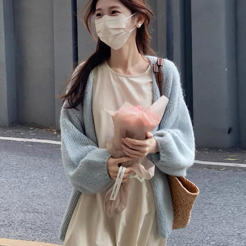 羊毛衫百搭韩版温柔风灯笼袖针织开衫宽松慵懒风毛衣外套 1303