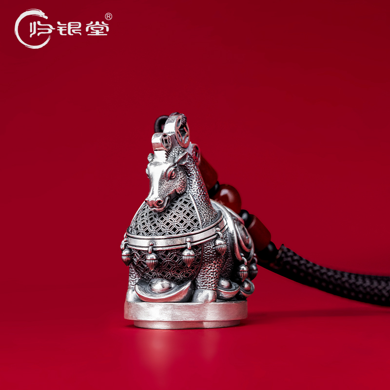 归银堂足银999复古马上有钱手把件创意车挂可转动个性茶宠摆件