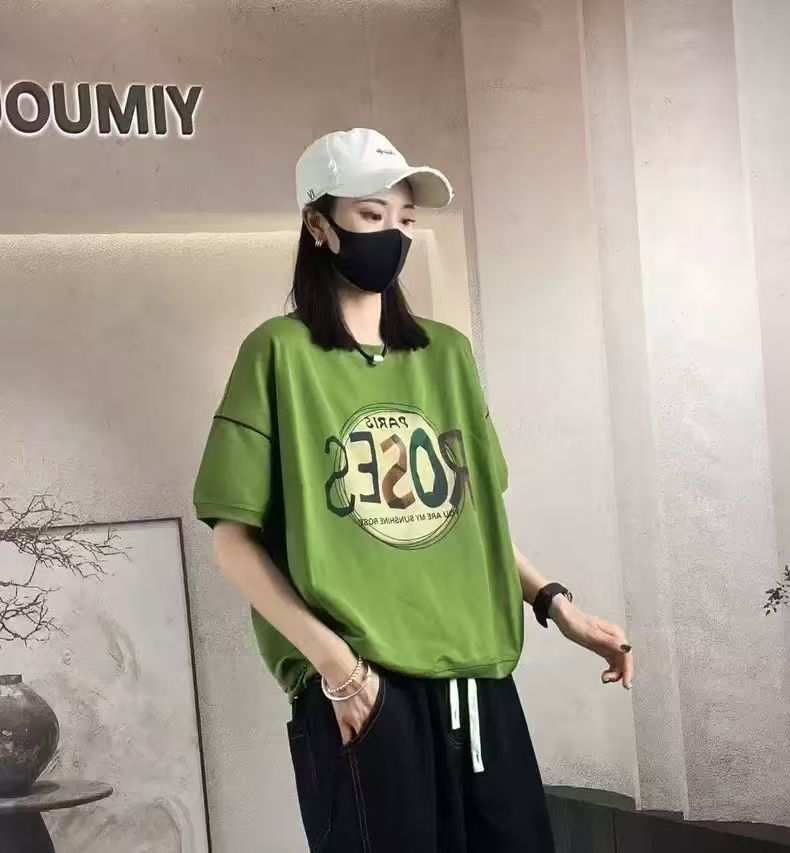 2025短袖新款夏季时尚抽绳字母韩版显瘦印花t恤宽松百搭短袖休闲