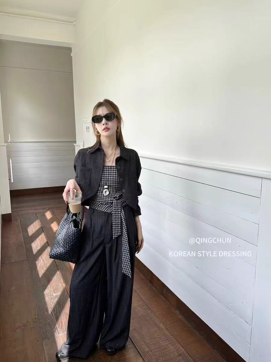 2025秋季新款大码女装韩系巨美软牛仔外套+吊带背心+牛仔阔腿裤