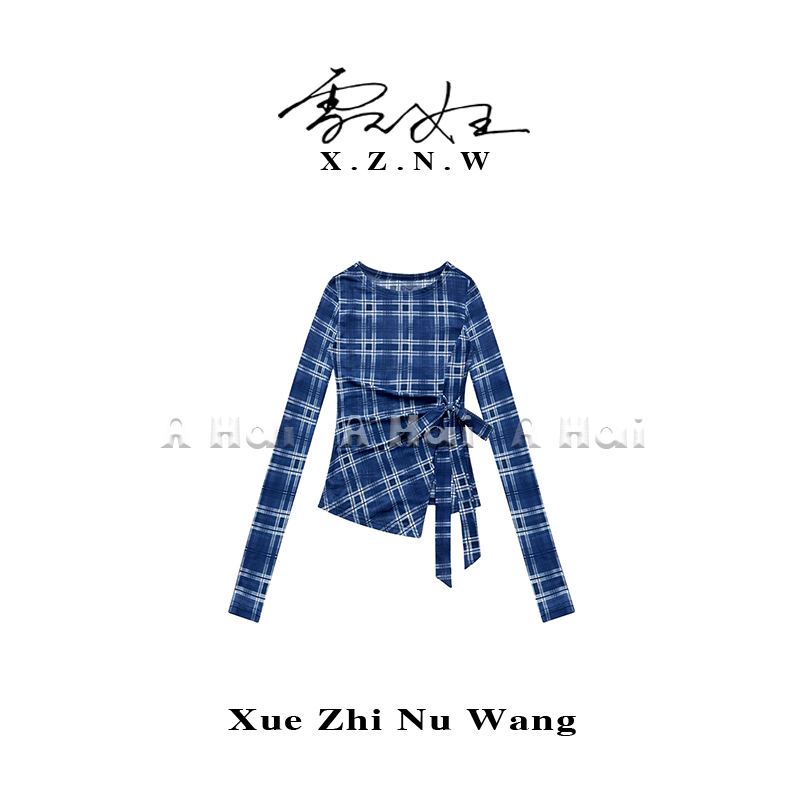 A Hai【格间蝶旋】夏季高级感蝴蝶结绑带格子网纱T恤女百搭修身上衣