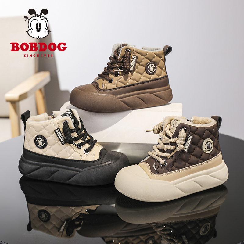 Bobdog/巴布豆冬季新款加绒运动面包底皮面保暖休闲防水防滑童鞋