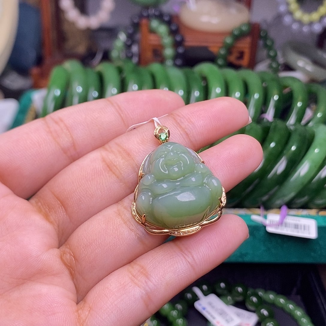 和田玉碧玉老料金镶佛公未镶嵌