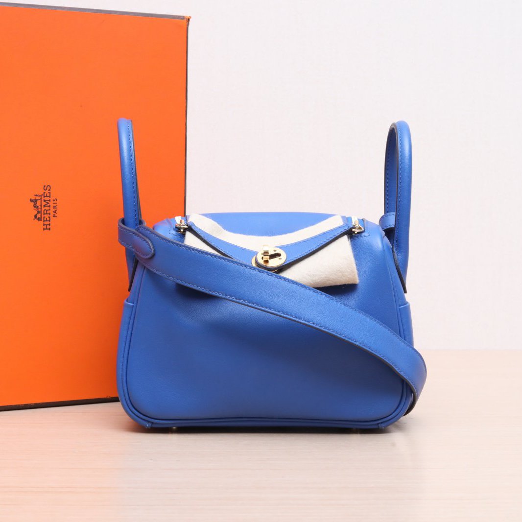 99新 Hermes/爱马仕 小花双双 Lindy Mini 法国蓝 Swift皮 U刻 包