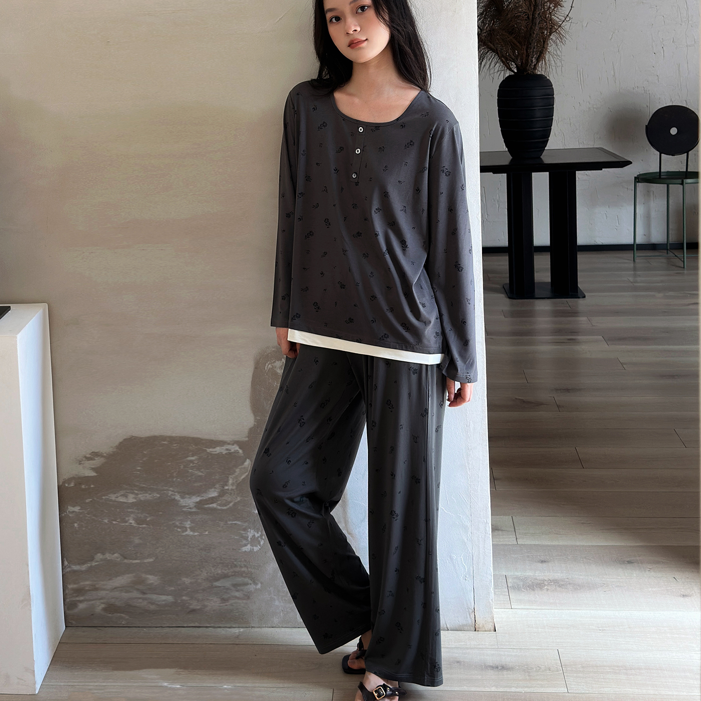 及好睡衣女款莫代尔棉长袖假两件家居服春秋冬款可外穿高级感套装