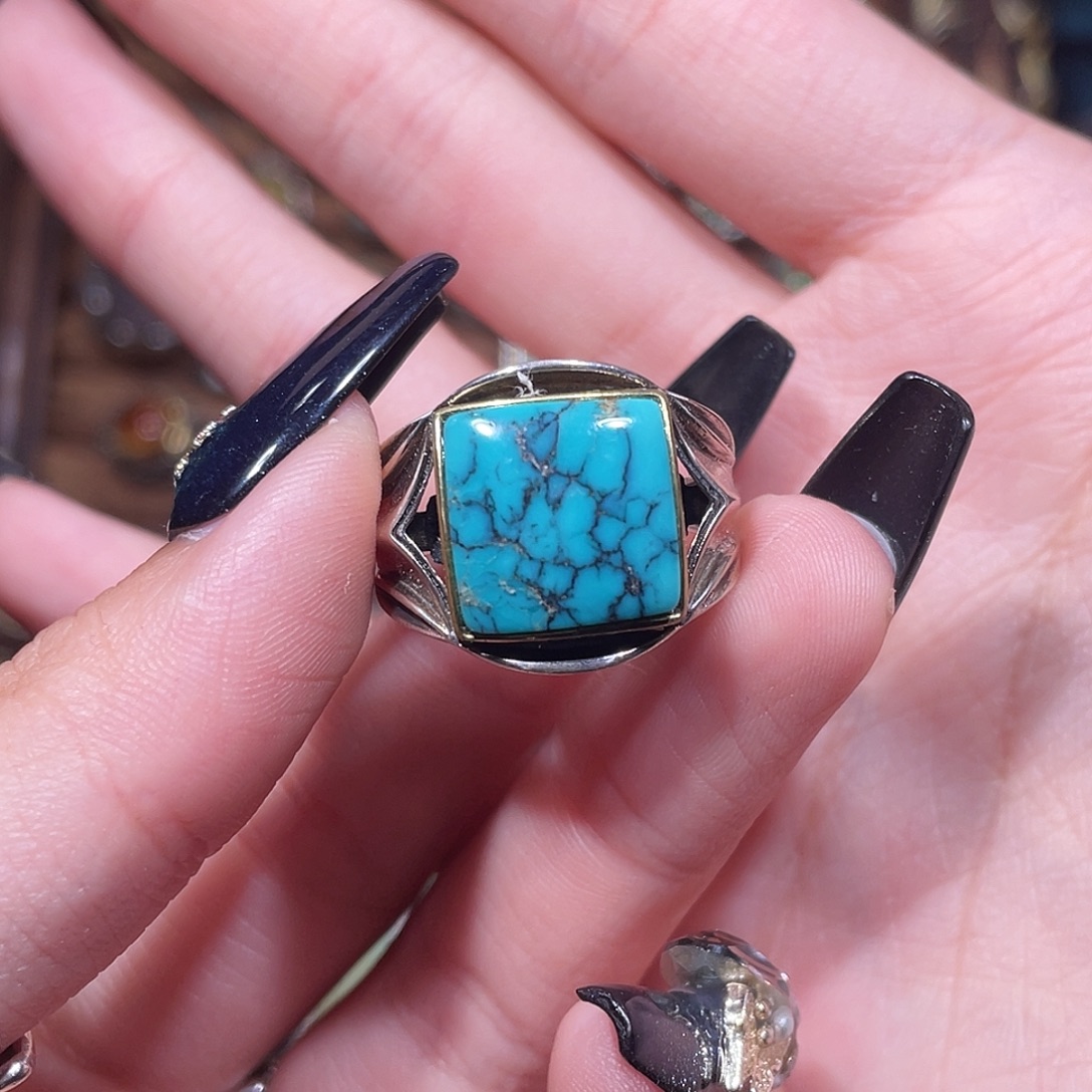 西***桃绿松石银S925镶嵌戒指