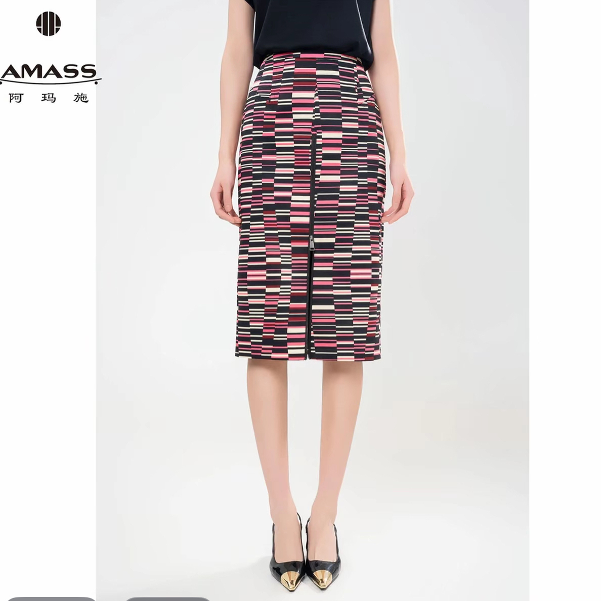 AMASS/阿玛施新款复古印花气质百搭开叉修身包臀半身裙520016