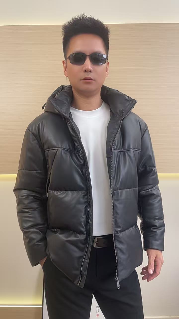 男款百搭真皮羽绒连帽宽松型中长款休闲保暖潮流时尚加绒冬款
