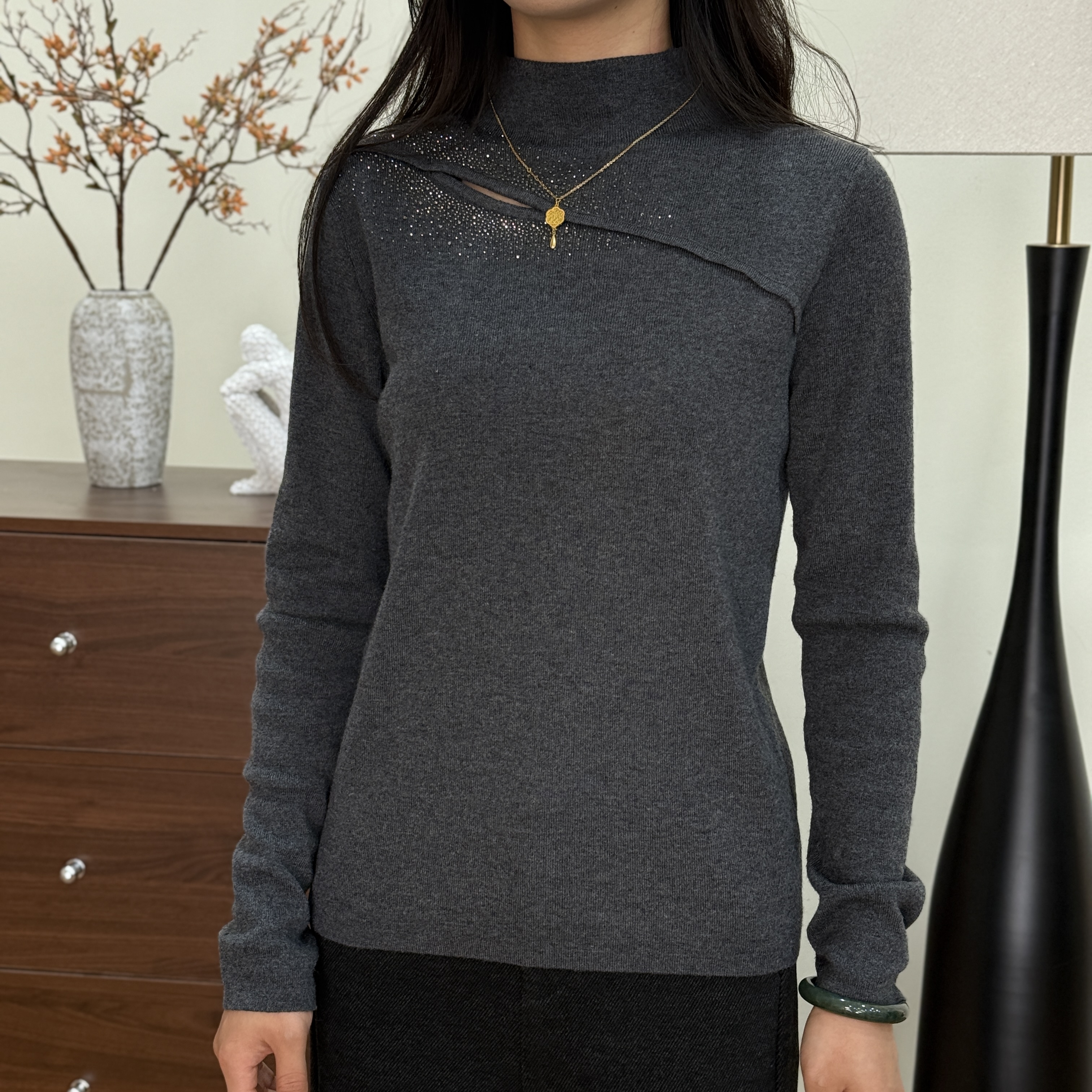 【MEIDAJIA】冬季新款时尚闪钻中领针织打底衫毛衣百搭女士修身