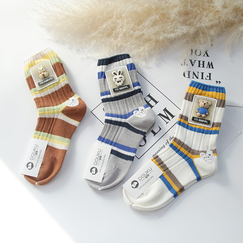 秋冬双针男宝童袜饰品魔术贴三双装男孩棉袜