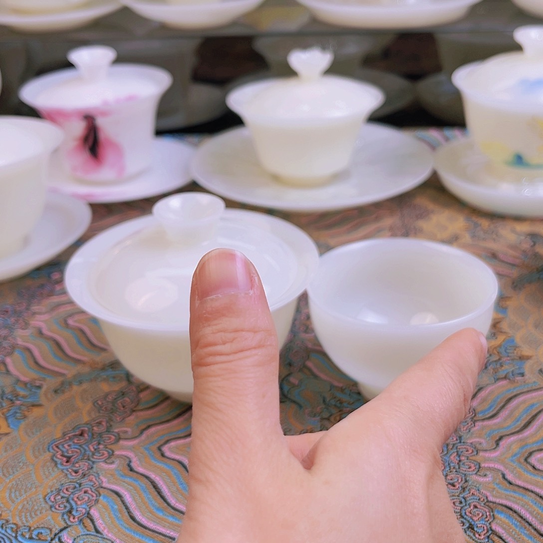 盖碗瓷ღ****°高档皙白玉瓷中元宝盖碗加主人杯