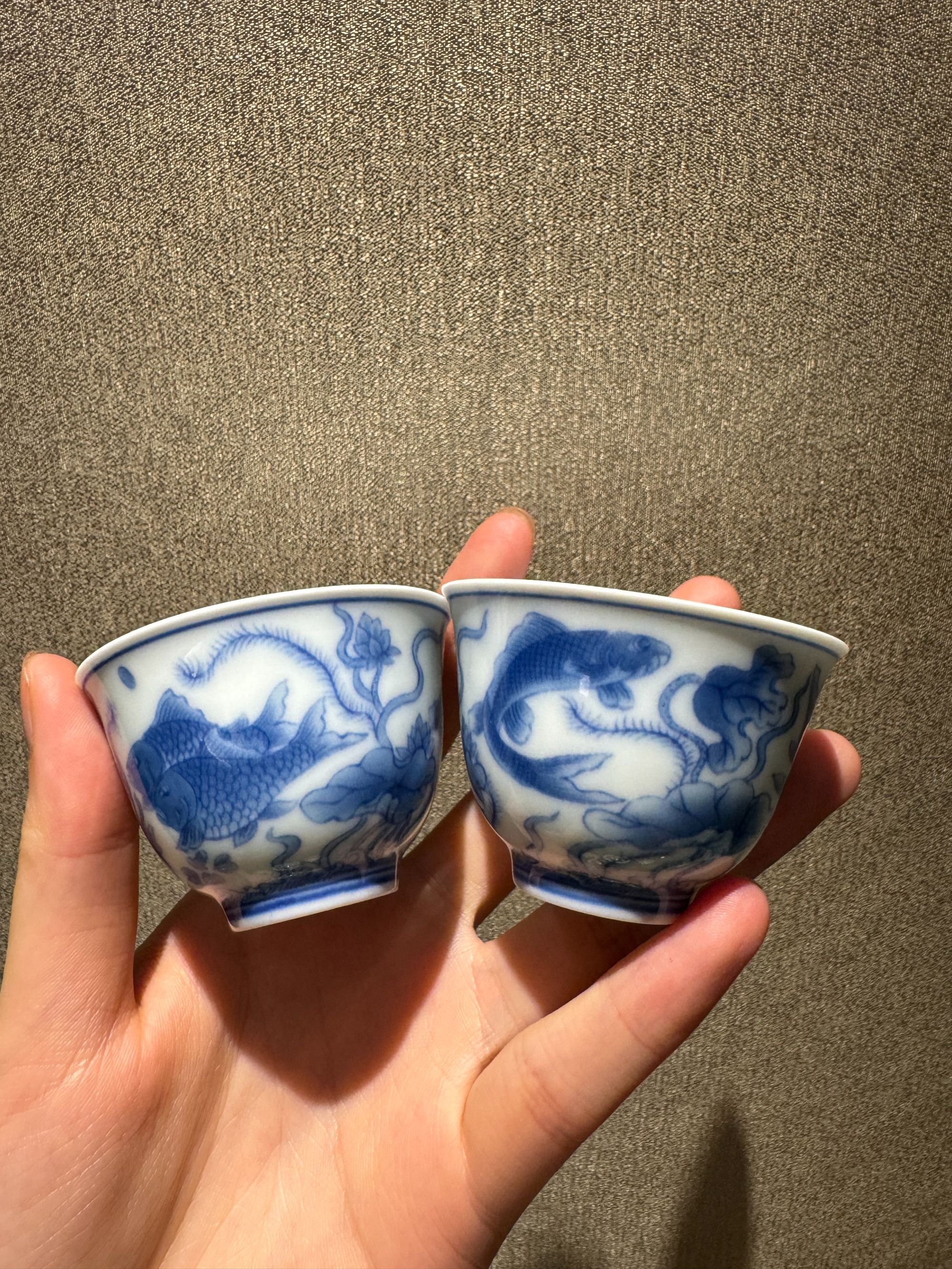 一对釉下青花鱼藻纹主人杯40ml年年有鱼富贵有余