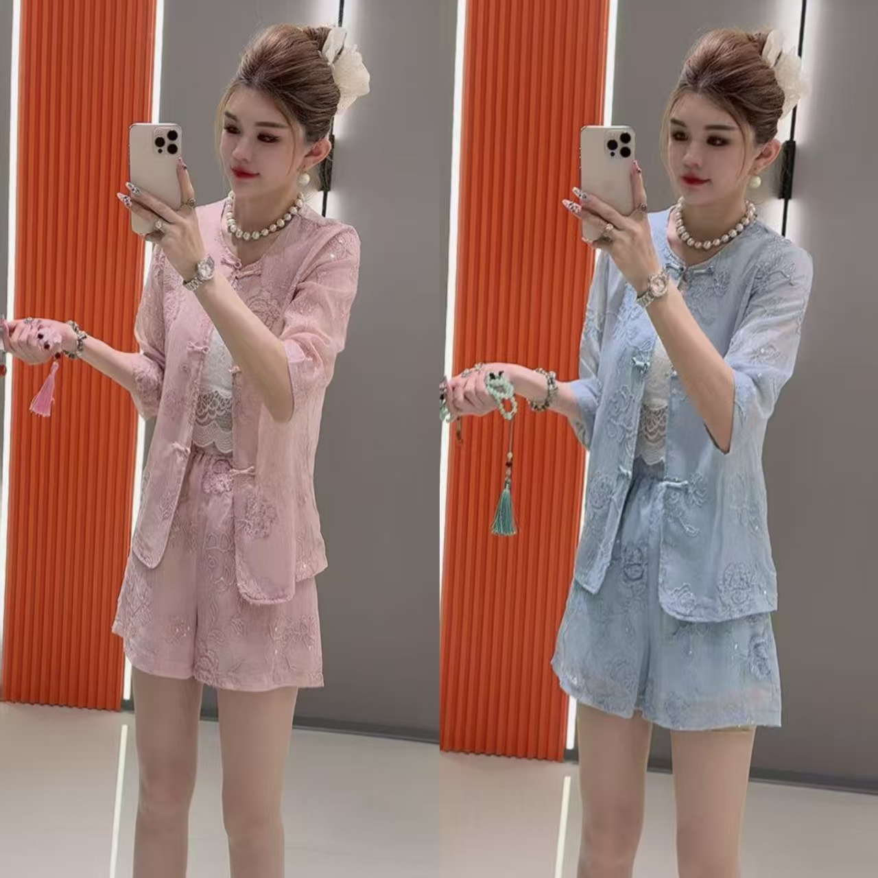 小 7015 新中式刺绣亮饰网纱七分袖上衣 加 短裤 两件套