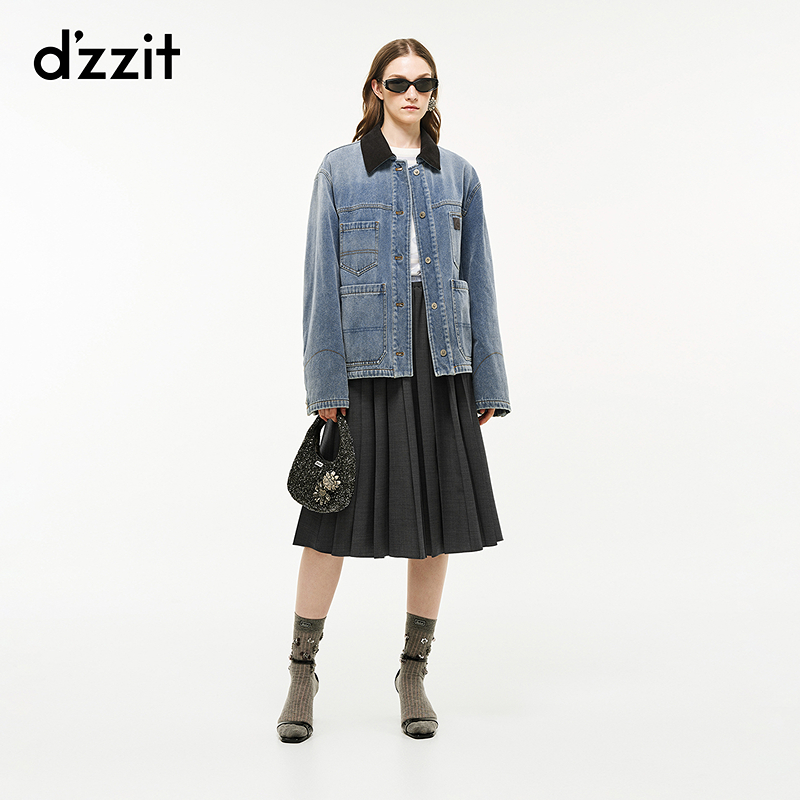 【商场同款新品】dzzit地素牛仔棉服26春拼接翻领外套女3K1HR021S