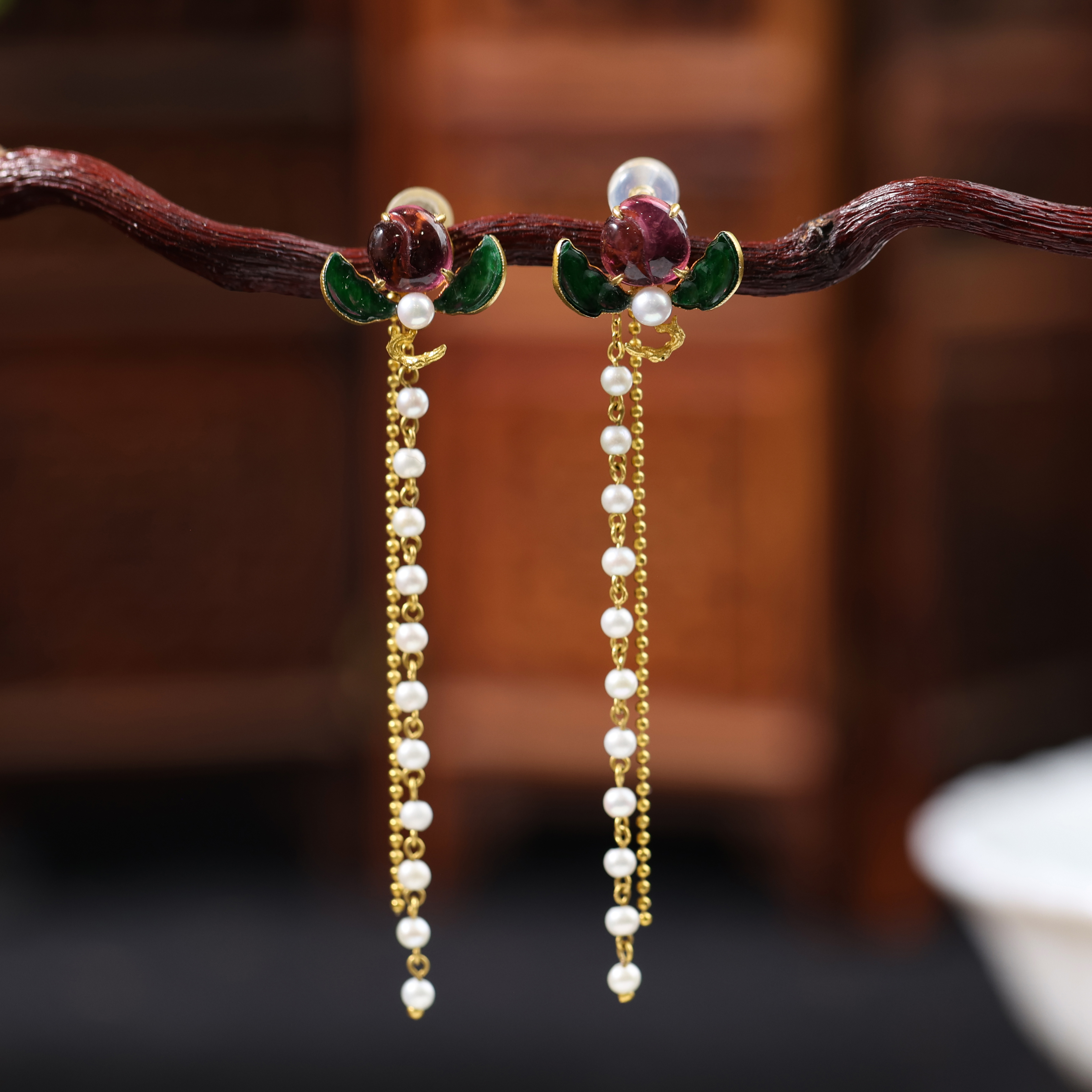 【碧桃】原创国风新中式定制珠宝18k金镶嵌碧玺小桃子耳饰