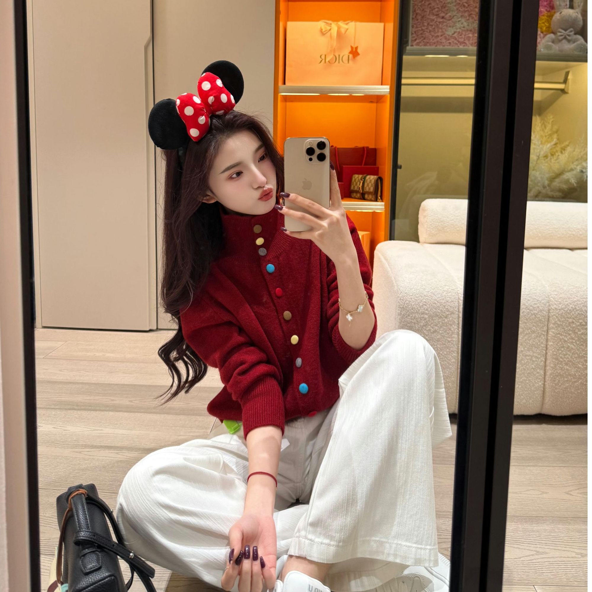 秋冬设计感韩系慵懒软糯毛衣女玫粉甜美温柔风彩扣半高领针织衫