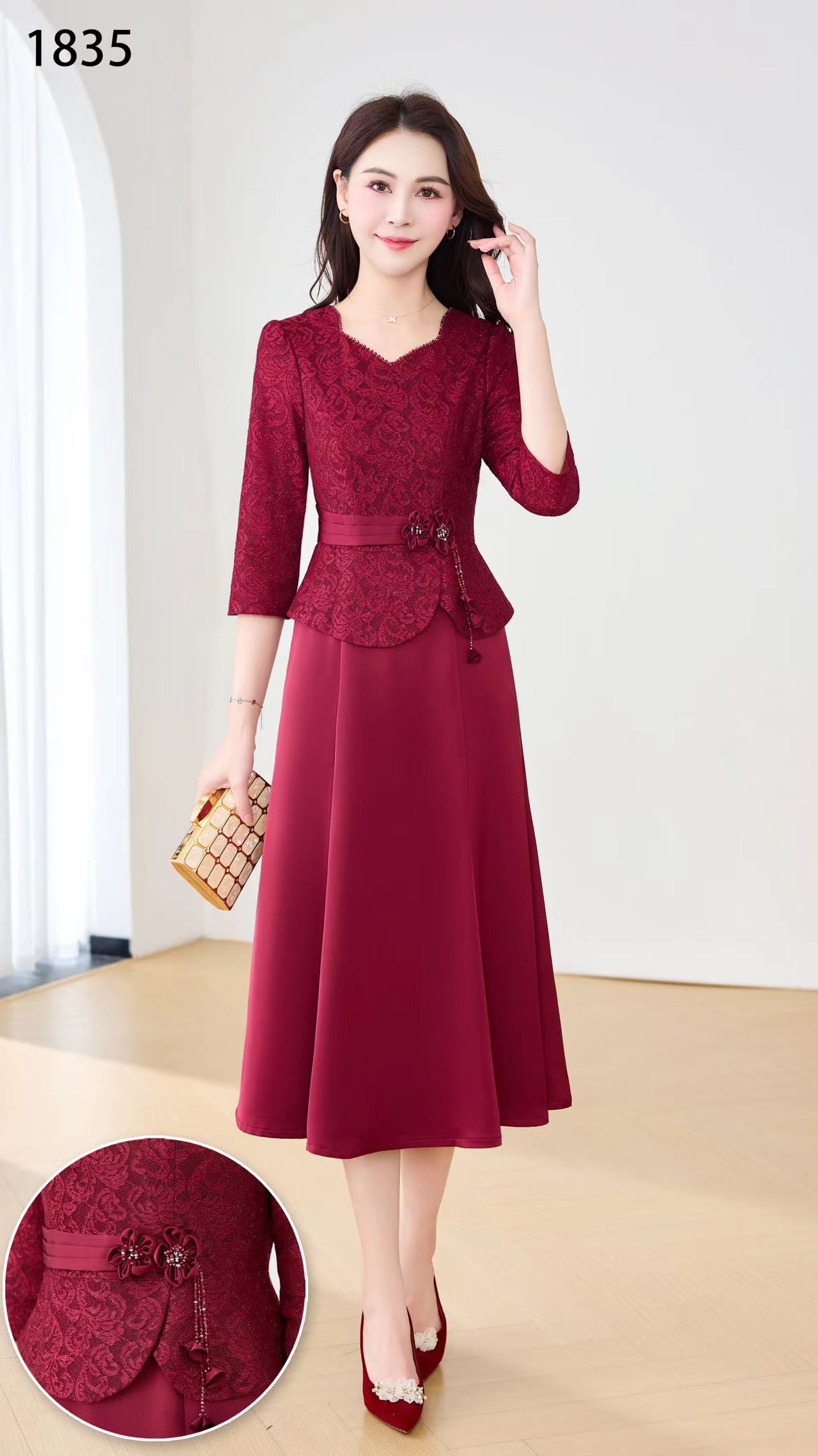 优雅气质绣花修身喜婆婆婚宴敬酒服连衣裙