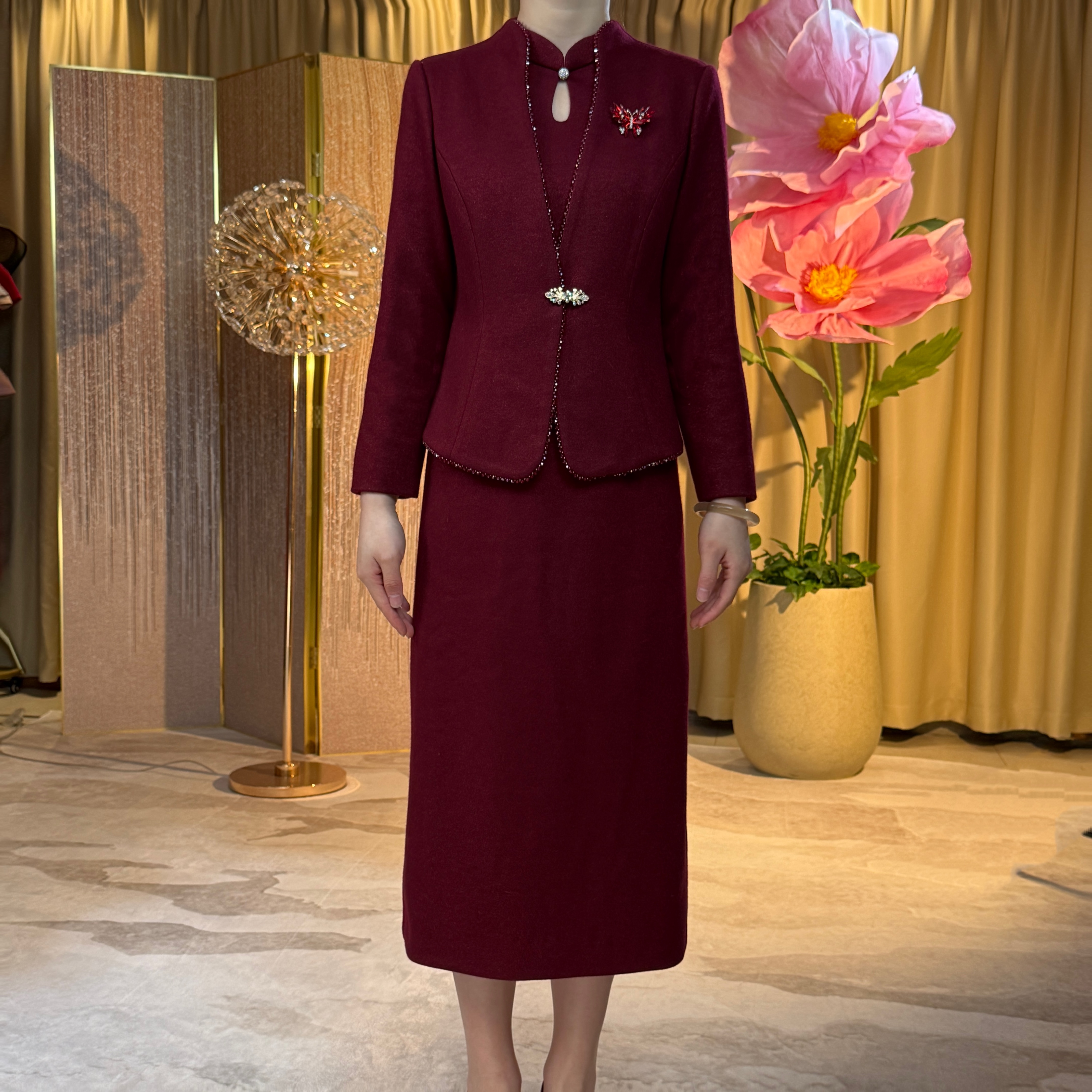 28183喜婆婆礼服连衣裙红色气质显瘦2025冬季新款羊毛连衣裙