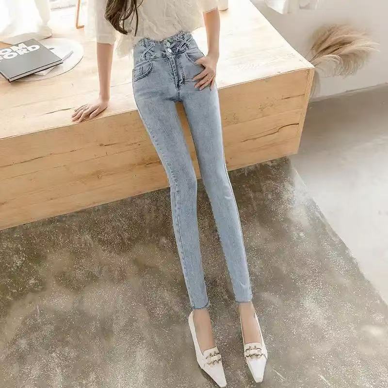高腰牛仔裤女修身显瘦弹力小脚铅笔裤九分直筒裤春秋季