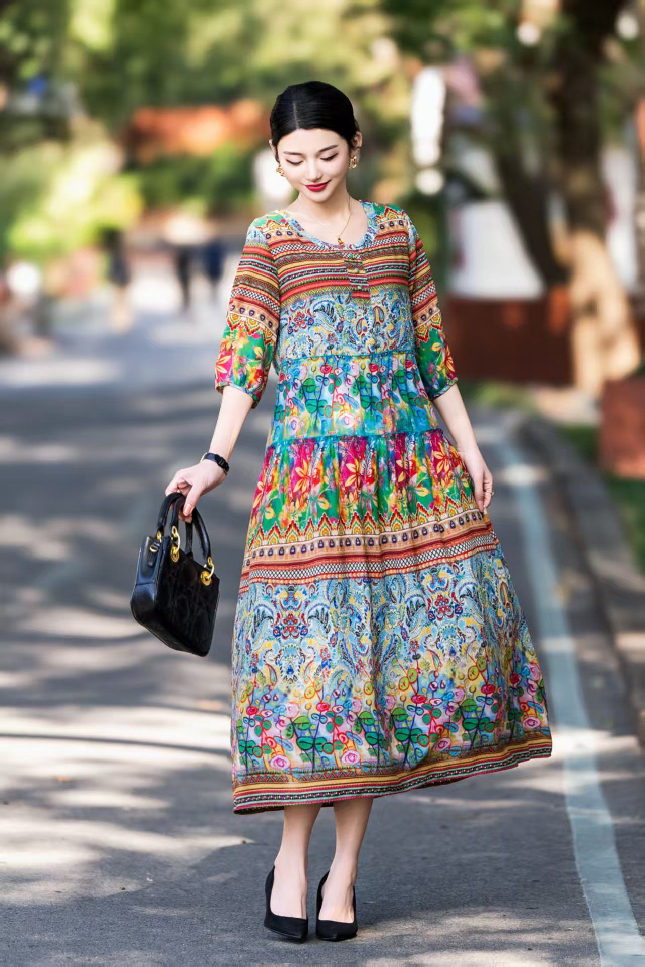 时尚气质民族风碎花连衣裙2506