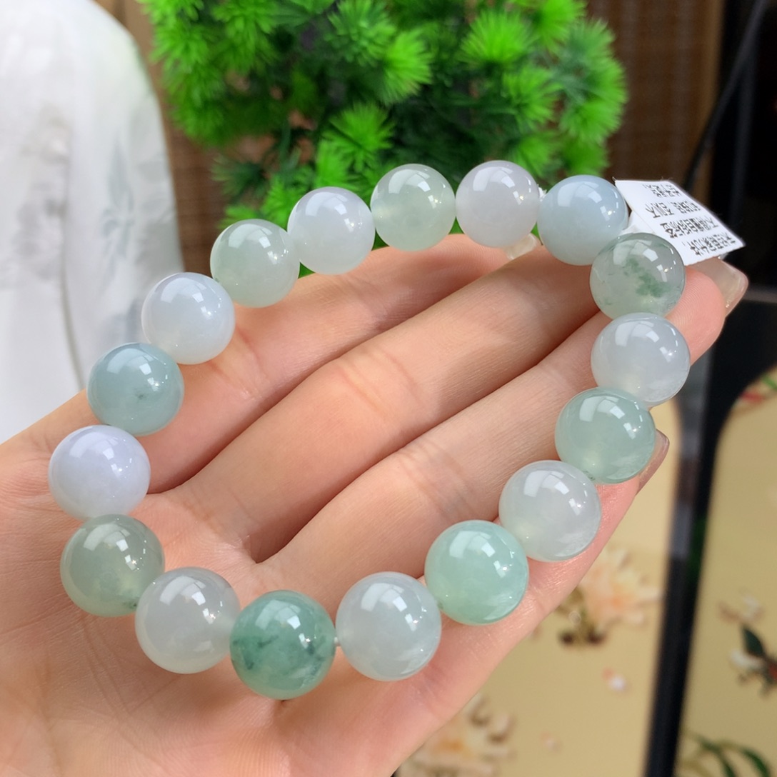 翡翠手链未镶嵌冰胶晴底飘花手链卡12m m