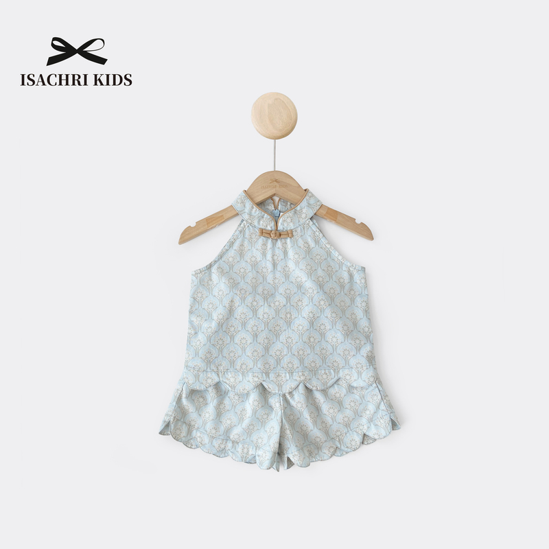 晶晶家【现发 】美人肩印花新中式两件套装亲肤女童夏背心短裤IS004