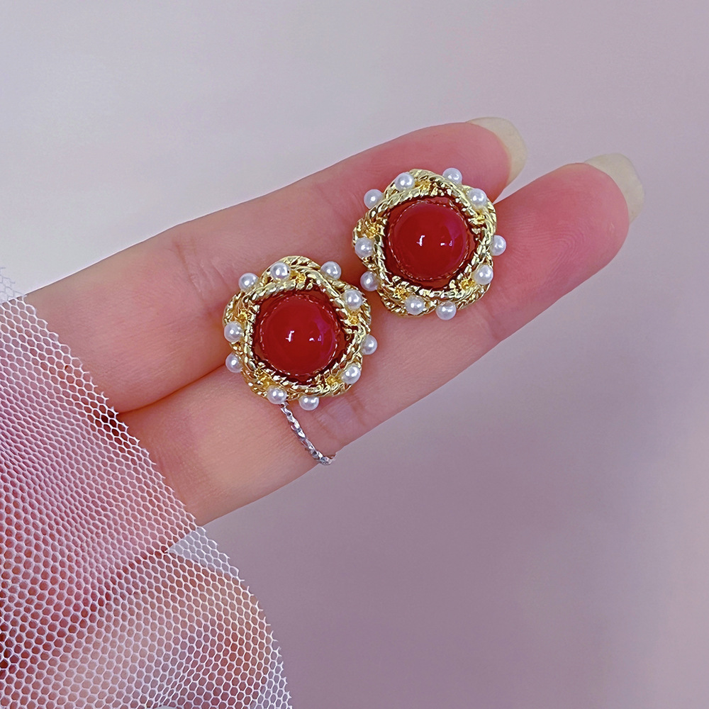 合金仿水晶耳饰 美019复古宫廷正红珠耳钉