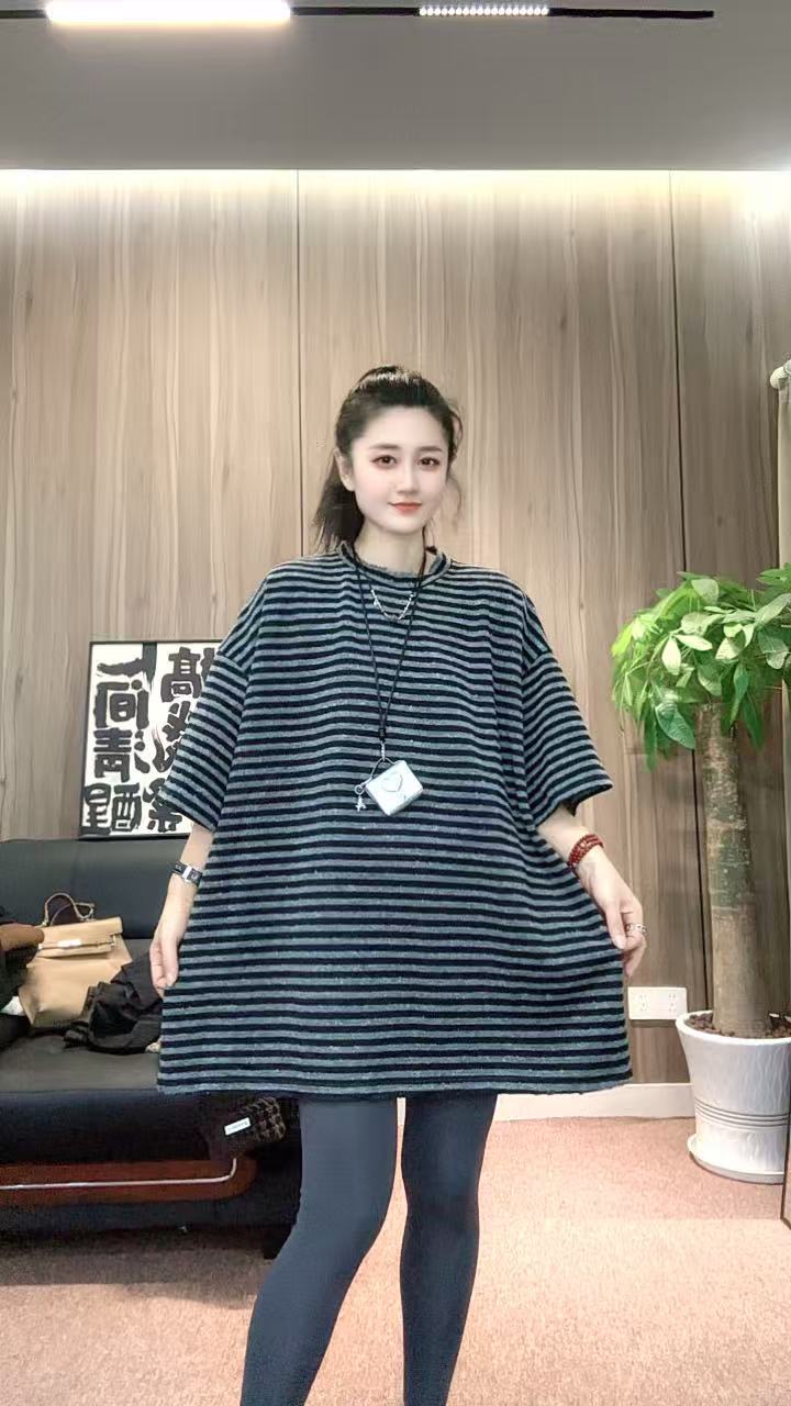 慵懒风中长款吸汗条纹T恤百搭半袖