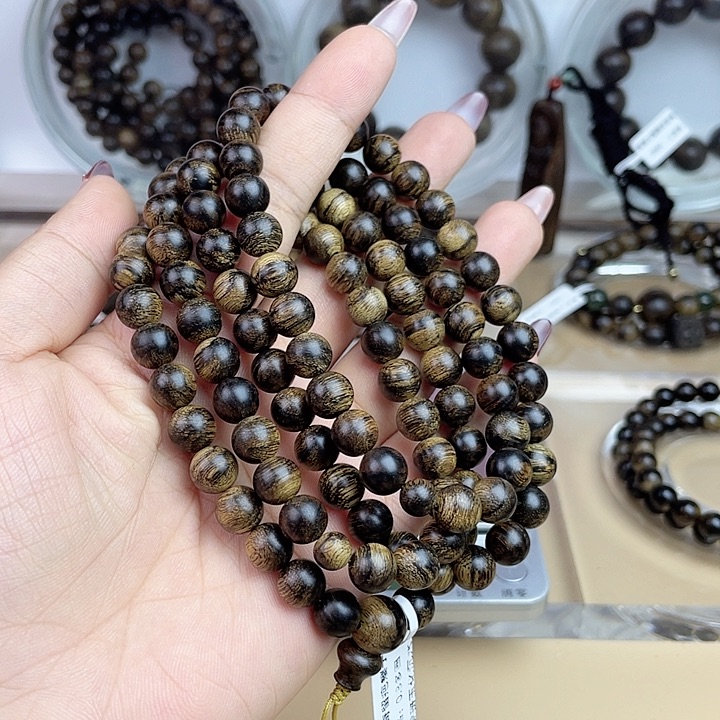 沉香手串无****名越南芽庄白奇玉化留疤嘤子虎斑