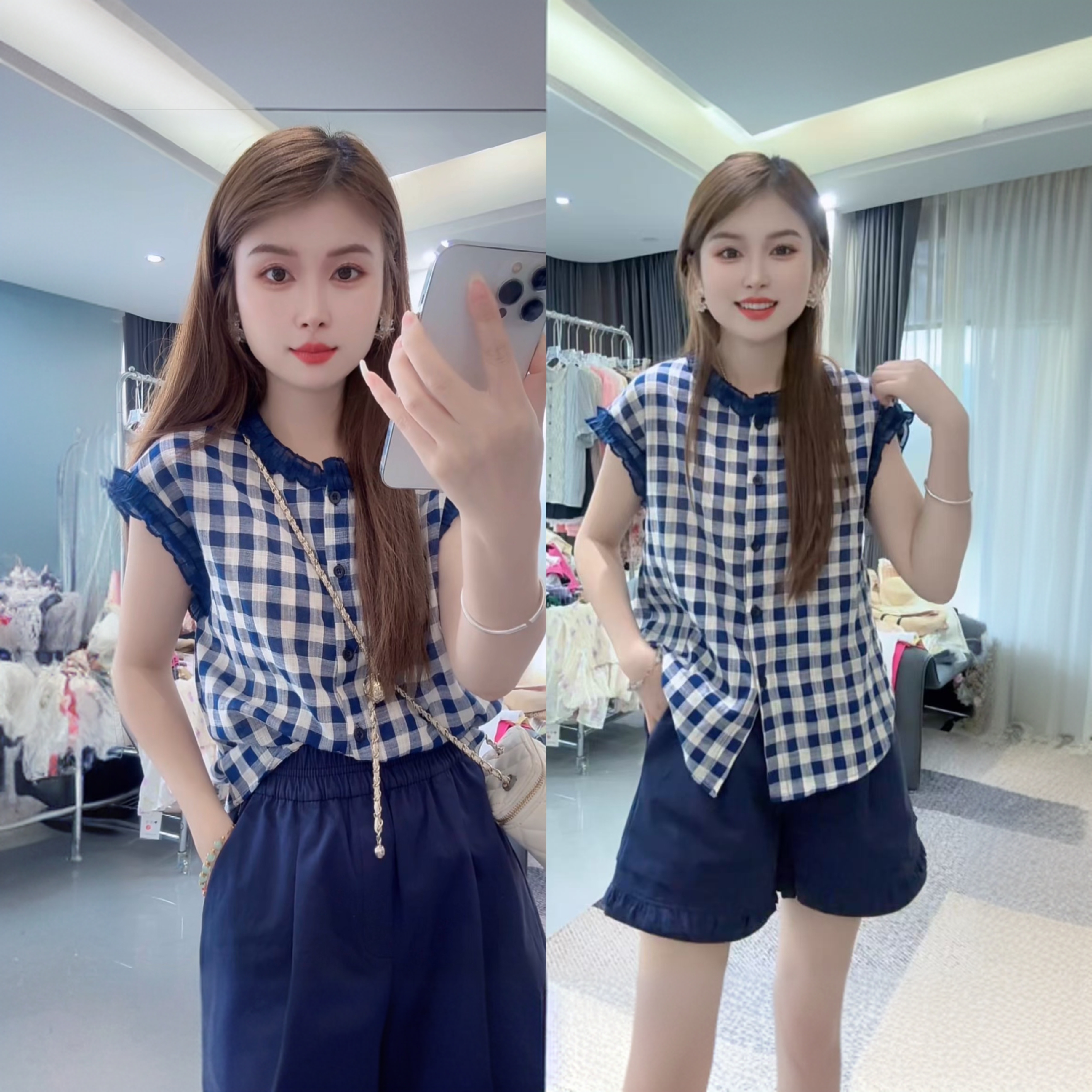 【许小姐】夏季新款法式风格子蕾丝花边无袖衬衫女设计感小众上衣