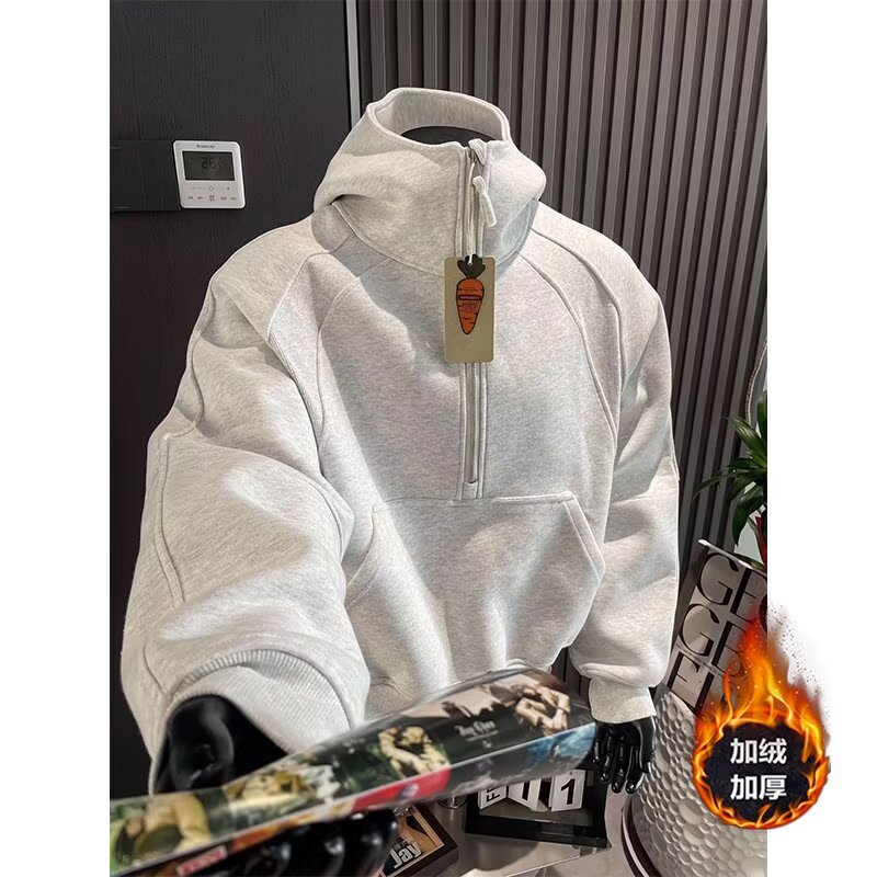 美式cleanfit解构半拉链卫衣男秋季小众设计感boxy短宽重磅连帽衫